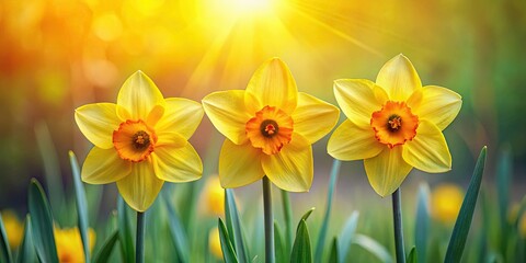 Obraz premium Three vibrant yellow daffodil flowers blooming in a garden, yellow, daffodil, flowers, vibrant, garden, nature, spring, blooming