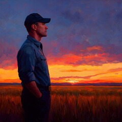 Fototapeta premium Man Standing at Sunset in Vibrant Landscape