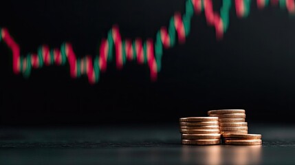 Close-up of stacks of coins in front of a blurred stock market graph, representing financial growth and investment strategies.