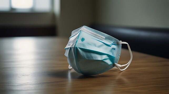Unused surgical mask placed on a table, suggesting precautions taken in medical environments