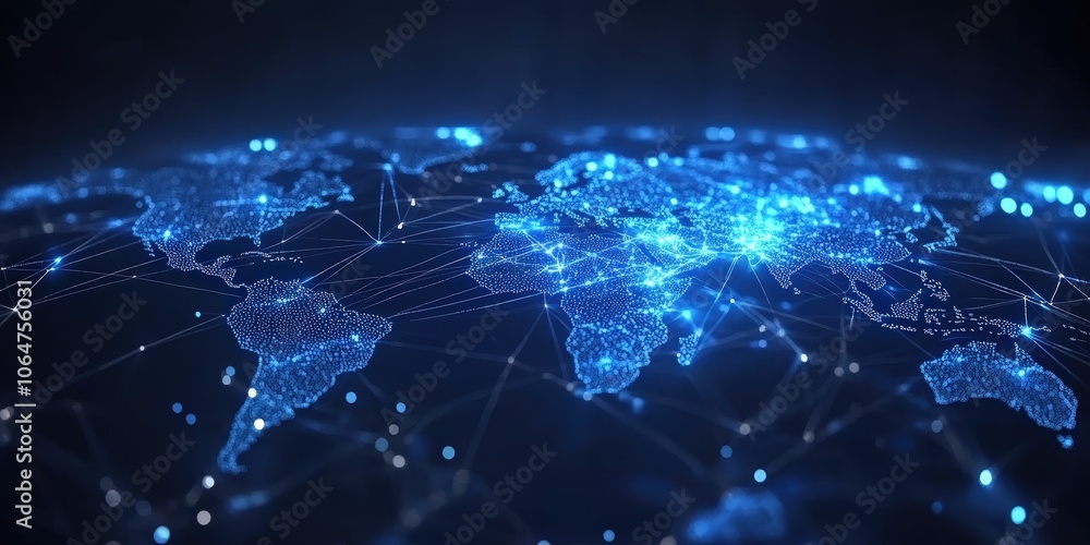 Poster blue abstract digital map of world map with lines and dots conected. suitable for travel, navigation
