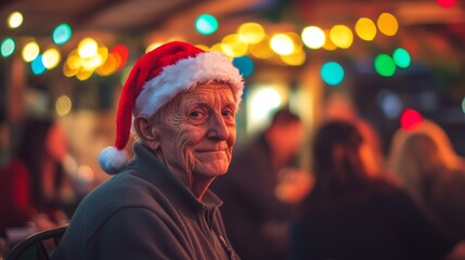 Obraz premium An elderly man wearing a quirky Santa hat at a holiday gathering surrounded by colorful lights and joyful guests creating a warm atmosphere