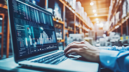 Manager analyzing warehouse logistics with graphs on laptop, improving efficiency and optimizing operations in the storage facility