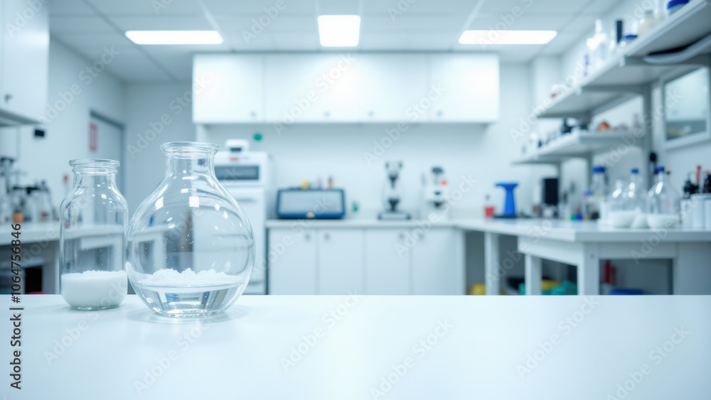 Poster clean lab bench with beakers and bottles.