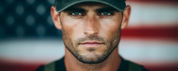 Intense Portrait of a Man Against an American Flag
