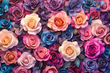 Naklejka premium Aesthetic background with colourful rose flowers on pink background. Beautiful floral composition with generative ai