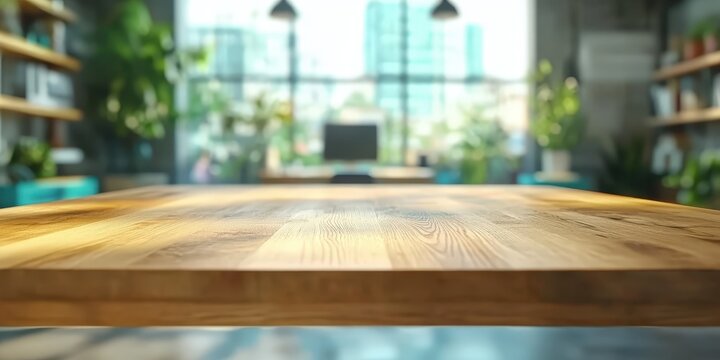 empty wooden table with blurred office background, for display or montage your products.	
