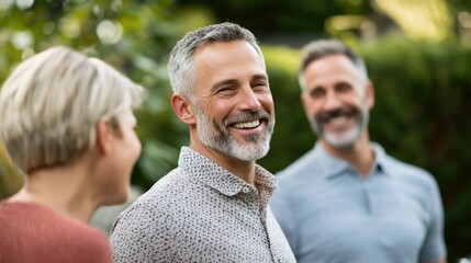 Three friends enjoying a lighthearted conversation outdoors, smiling warmly in a lush green setting.