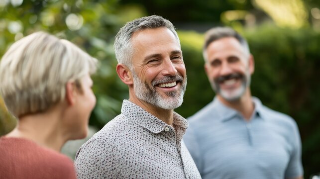 Three friends enjoying a lighthearted conversation outdoors, smiling warmly in a lush green setting.