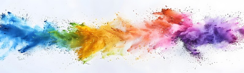 Obraz premium Color powder splash rainbow background paint holi smoke colour abstract. Powder color splash explosion dust ink burst splatter white texture isolated black spray party blue wallpaper cloud pink stain.