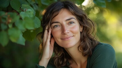 smiling European woman in her thirties, gently touching her face, beautiful complexion, close-up with blurred natural background of leaves
