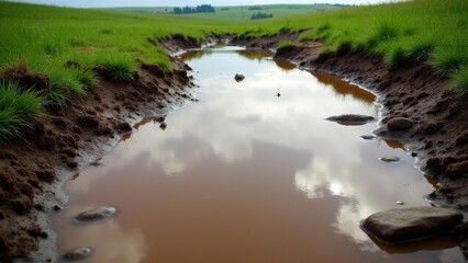 Deep mud puddle visuals with ripples and reflections, capturing the mood of a rainy day in the countryside
