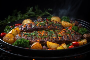 grilled meat with potatoes, and vegetables and herbs cooked on fire as a barbecue, delicious food