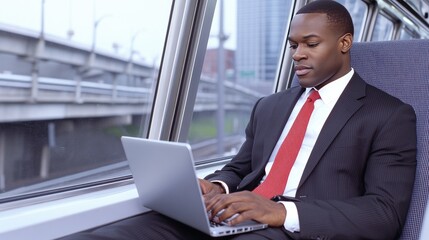 Fototapeta premium A businessman in a suit focused on his laptop while commuting on a train during a busy morning travel