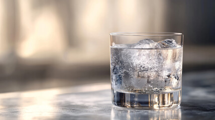 Glass of water with ice on a reflective surface.