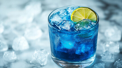 Blue cocktail with lime and ice in a glass.
