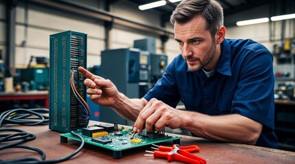 Male technician in a focused mood, repairing a circuit board in an industrial workshop with copy space