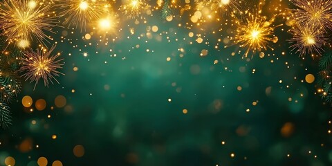 Fototapeta premium Happy New Year, Beautiful creative holiday background with fireworks and Sparkling on green background, space for text 