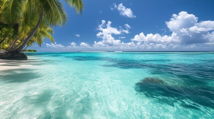 Fototapeta premium A serene tropical beach with clear turquoise waters and lush palm trees under a bright blue sky.