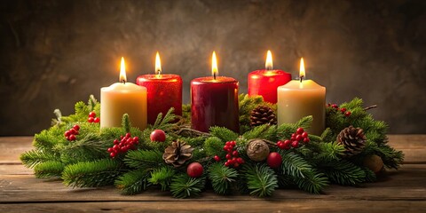 Traditional Christmas advent wreath with four lit candles , advent, wreath, Christmas, tradition, candles, decoration