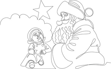 Outlined Cute Santa Claus Cartoon Character With A Sack Full Of Gifts. Vector Hand Drawn Illustration. One continuous line drawing Santa Claus on reindeer and sled. concept for Christmas and New Year
