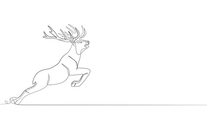 Christmas reindeer jumping one line art, deer with Continuous one line drawing, Christmas or New Year decoration, Contour sketch of reindeer. Forest wild deer in single line minimalist abstract style