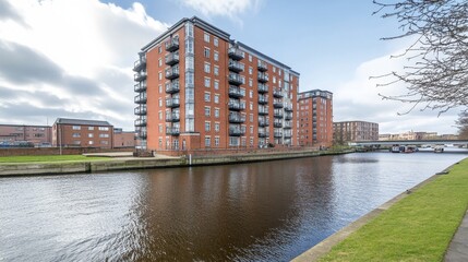 A scenic view of modern brick apartment buildings alongside a calm canal under a cloudy sky.