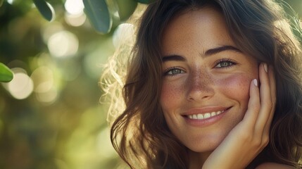 smiling European woman with beautiful hair and skin, touching her face gently, close-up portrait with softly blurred leafy background