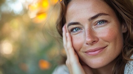 Fototapeta premium European woman aged 30-40, softly smiling, hand resting on her face, glowing skin and hair, close-up with a background of blurred leaves and nature