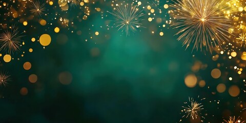 Happy New Year, Beautiful creative holiday background with fireworks and Sparkling on green background, space for text	
