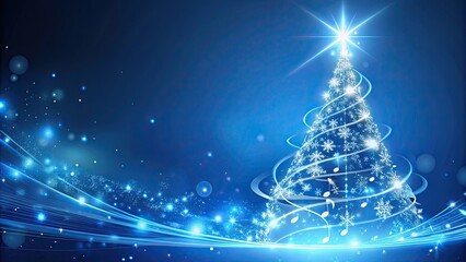Beautiful Christmas tree with musical notes, glowing against dreamy blue background with sparkling lights, festive