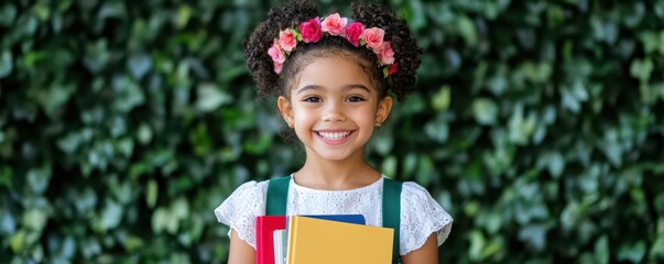 Smiling student with books ready to embark on a journey of knowledge and discovery.