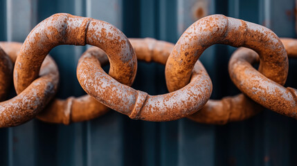 Fototapeta premium Close-up of rusty metal chain links against a dark blurred background, showing texture and decay.