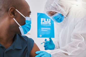 Fototapeta premium Flu shot, person and doctor with injection for health, wellness and consultation in clinic. Healthcare, patient or expert in hospital for immune system strength, illness prevention or pandemic safety