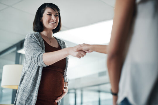 Handshake, pregnant woman and business people in office, partnership with cooperation for project. Interview, pregnancy and candidate shaking hands, collaboration and recruitment with maternity leave