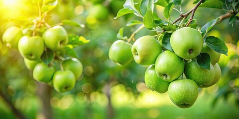 Green apples hanging from tree branches in a garden , apples, green, tree, garden, organic, fresh, ripe, juicy, delicious