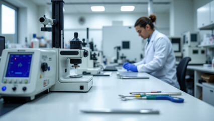 Scientist in lab working with microscope and complex equipment.