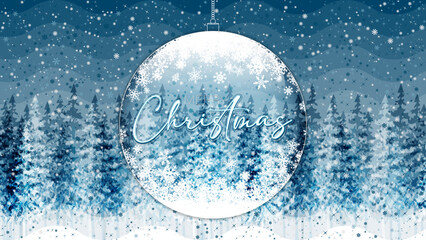 Merry Christmas greeting card with winter evening in blue tone, vector illustration