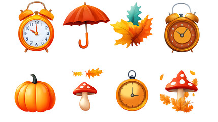 Autumn fun icons set isolated on transparent white background, png element. Colorful clipart alarm clock with falling leaves, umbrella, weather icons and mushroom pumpkin in glossy plastic style