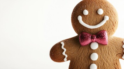 Adorable gingerbread man with big smile and bow tie, isolated on white for a holiday theme