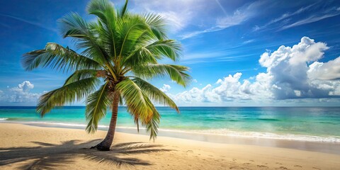 Fototapeta premium Tropical beach scene with a coconut palm tree, tropical, beach, paradise, getaway, summer, palm tree, coconut, sand