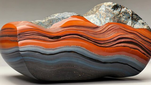 A smooth, orange and blue banded agate rests on a white surface