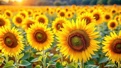 Naklejka premium Field of blooming yellow sunflowers in summer, sunflowers, field, yellow, bloom, summer, nature, beauty, petals, vibrant