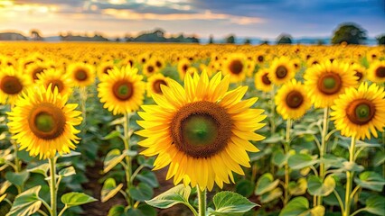 Fototapeta premium Field of blooming yellow sunflowers in summer, sunflowers, yellow, blooming, field, summer, agricultural, sunny, beautiful, nature