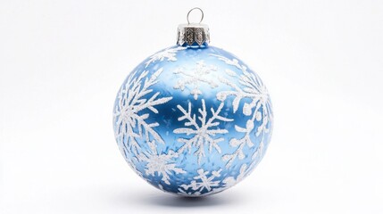 Blue Christmas ball with white snowflake designs, isolated on white for a winter wonderland feel