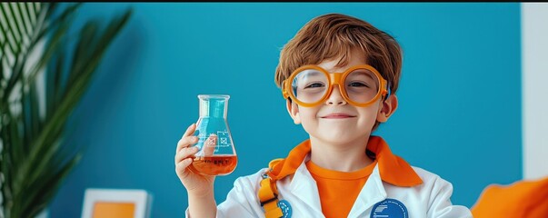 A cheerful child in lab gear holds a flask of orange liquid, showcasing a love for science in a bright, playful environment.