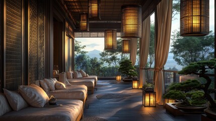 A luxurious veranda with comfortable silk couches