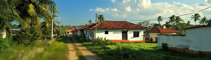A serene village scene featuring traditional houses and lush greenery under a blue sky.