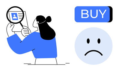 Woman analyzing a profile with a magnifying glass, blue buy button, sad face emotion. Ideal for themes thumbs up decision making, user reviews, e-commerce, customer feedback, online shopping