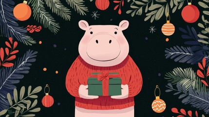 Fototapeta premium Cute Hippopotamus Holding Gift Box Under Christmas Tree Illustration